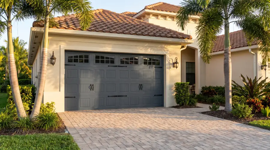 Newly installed carriage style garage door on a Florida home