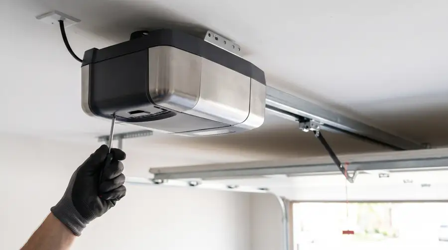 Belt drive garage door opener being adjusted