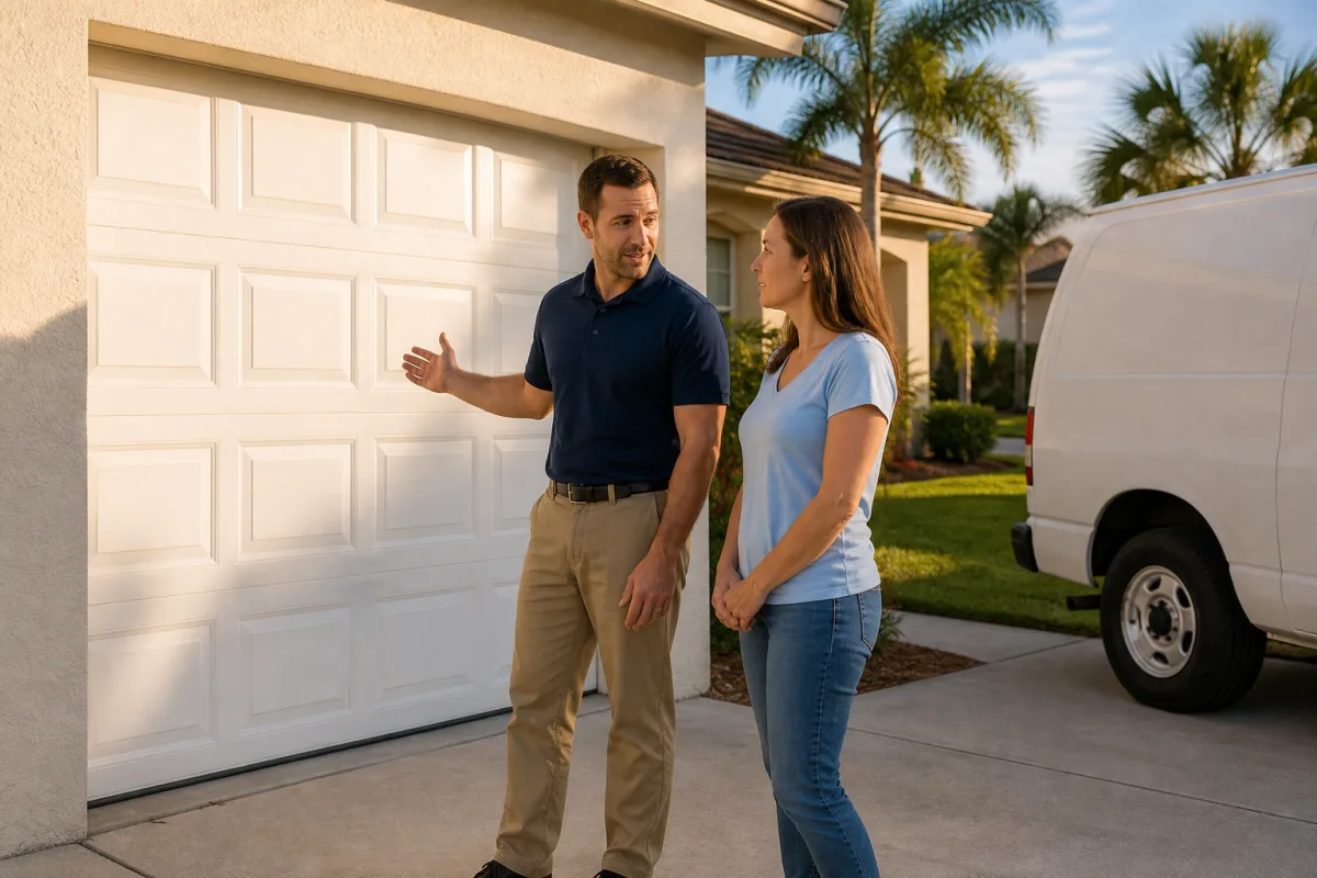 Illustration of a technician talking with a homeowner in front of a closed garage door