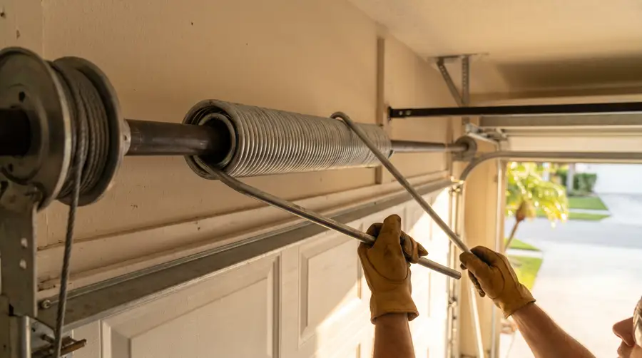 Technician winding a new torsion spring above a garage door