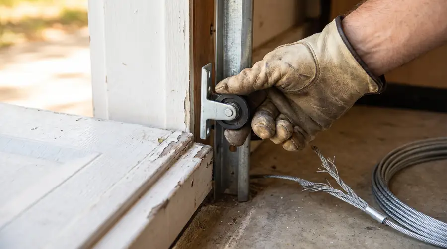 Garage door roller being reseated in the track